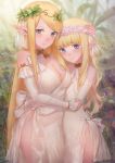  2girls absurdres asaba0327 bangs bare_shoulders blonde_hair blue_eyes blunt_bangs blurry blush breasts cleavage cowboy_shot crying crying_with_eyes_open depth_of_field detached_sleeves dress elbow_gloves elf eyebrows_visible_through_hair flat_chest flower flower_wreath gloves green_eyes hand_on_another&#039;s_head highres hug large_breasts looking_at_viewer multiple_girls original outdoors parted_lips pointy_ears side_slit sidelocks swept_bangs tears white_dress white_gloves wreath 