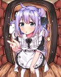  1girl :o absurdres ahoge alternate_costume apron azur_lane bangs black_dress black_ribbon blush bow commentary_request dress enmaided eyebrows_visible_through_hair fingernails fisheye frilled_apron frills hair_between_eyes hair_bun hair_ribbon highres maid maid_apron norazura on_shoulder one_side_up pantyhose parted_lips puffy_short_sleeves puffy_sleeves purple_hair ribbon short_sleeves side_bun solo stuffed_animal stuffed_toy stuffed_unicorn unicorn_(azur_lane) violet_eyes white_apron white_bow white_legwear wooden_floor 