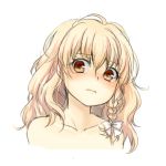  1girl bare_shoulders blonde_hair blush bow braid collarbone commentary_request eyebrows_visible_through_hair funnyfunny hair_between_eyes hair_bow kirisame_marisa long_hair looking_at_viewer no_hat no_headwear portrait simple_background single_braid solo touhou wavy_hair white_background white_bow yellow_eyes 