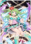  1girl :d akkijin aqua_eyes bare_shoulders boots card_(medium) carnival dress fairy fairy_wings flower green_hair hair_flower hair_ornament multicolored multicolored_clothes official_art open_mouth pixie_servant_(shinkai_no_valkyrie) pointy_ears shinkai_no_valkyrie smile solo wings 