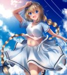  1girl :d absurdres blonde_hair blue_eyes braid clouds commentary_request condensation_trail fate/grand_order fate_(series) highres jeanne_d&#039;arc_(fate) jeanne_d&#039;arc_(fate)_(all) jewelry long_braid long_hair looking_at_viewer midriff navel necklace open_mouth shirt single_braid skirt smile solo suisen-21 very_long_hair white_shirt white_skirt 