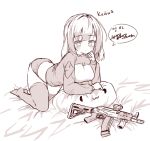  1girl arm_support bangs bed_sheet blush closed_mouth copyright_request eyebrows_visible_through_hair greyscale highres korean long_hair long_sleeves monochrome no_shoes pillow russian scope shirt short_shorts shorts smile solo tandohark thigh-highs translation_request weapon_request 