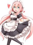  1girl :d aikawa_ryou alternate_costume apron bangs black_dress black_legwear blue_eyes blush commentary_request dress enmaided eyebrows_visible_through_hair frilled_apron frilled_dress frills hair_between_eyes heart highres kagamihara_nadeshiko long_hair looking_at_viewer low_twintails maid maid_headdress open_mouth pantyhose pink_hair puffy_short_sleeves puffy_sleeves shoes short_sleeves sidelocks simple_background skirt_hold smile solo standing standing_on_one_leg twintails very_long_hair white_apron white_background white_footwear wrist_cuffs yurucamp 