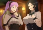  2girls alternate_costume aonoha_ao bangs black_bow black_eyes black_hair black_hairband bow bowtie breasts commentary_request fate/grand_order fate_(series) flat_chest hair_between_eyes hairband highres lamp large_breasts long_hair long_sleeves minamoto_no_raikou_(fate/grand_order) multiple_girls open_mouth purple_bow purple_hair stheno twintails upper_body violet_eyes 