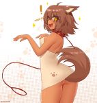  ! 1girl :d ahoge animal_ears artist_name ass bare_shoulders brown_hair collar comic commentary dark_skin dog_ears dog_tail dress eyebrows_visible_through_hair eyes_visible_through_hair fang hair_between_eyes halftone halftone_background kuroonehalf leash no_bra no_headwear no_panties no_pants open_mouth original paw_background short_hair shoulder_blades simple_background smile solo symbol_in_eye tail thighs white_background woof yellow_eyes 