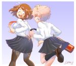  2girls absurdres ashido_mina blush boku_no_hero_academia breasts brown_eyes brown_hair cheese closed_eyes collared_shirt fan fire_extinguisher food highres horns iloforma long_sleeves multiple_girls open_mouth panties pantyhose pink_hair pink_skin pleated_skirt prank red_neckwear school_uniform shirt short_hair skirt smile surprised teeth underwear uraraka_ochako 