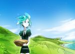  1other androgynous aqua_eyes aqua_hair blue_sky bowl colored_eyelashes gem_uniform_(houseki_no_kuni) green_eyes green_hair hill houseki_no_kuni looking_away necktie outdoors phosphophyllite scenery short_hair shumiko_(kamenokoueki) sky solo 