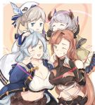  4girls aqua_eyes bag bare_shoulders belt beret blonde_hair blush breasts brown_hair camieux cucouroux_(granblue_fantasy) draph granblue_fantasy green_eyes grey_hair hairband hat horns large_breasts looking_at_viewer multiple_girls navel one_eye_closed open_mouth satchel saviala silva_(granblue_fantasy) silver_hair smile song_(granblue_fantasy) sweatdrop yellow_eyes 