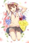  1girl :d brown_eyes brown_footwear brown_hair flower grey_skirt hands_in_hair head_wreath highres loafers looking_at_viewer loose_socks mikemaru_(pixiv17800264) miniskirt misaka_mikoto open_mouth pink_flower pleated_skirt purple_flower shirt shoes short_hair short_shorts short_sleeves shorts shorts_under_shorts simple_background skirt smile solo to_aru_majutsu_no_index tokiwadai_school_uniform uniform vest white_background white_legwear white_shirt white_shorts yellow_flower 