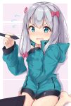  1girl absurdres bangs barefoot blue_hair blue_jacket blush bow collarbone commentary_request drawing_tablet eromanga_sensei eyebrows_visible_through_hair fang flying_sweatdrops hair_between_eyes hair_bow hands_up highres holding holding_stylus izumi_sagiri jacket long_hair long_sleeves looking_at_viewer nose_blush ohshit open_mouth silver_hair sitting sleeves_past_wrists solo stylus tablet track_jacket v-shaped_eyebrows very_long_hair wariza 