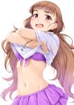  1girl bangs bikini bikini_skirt blush bracelet brown_hair commentary_request eyebrows_visible_through_hair front-tie_bikini front-tie_top idolmaster idolmaster_cinderella_girls jewelry kamiya_nao long_hair looking_at_viewer low_twintails miri_(ago550421) navel open_mouth purple_bikini red_eyes shirt short_sleeves simple_background solo swimsuit thick_eyebrows twintails undressing very_long_hair wet wet_clothes wet_hair wet_shirt white_background white_shirt 