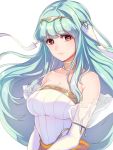  1girl bare_shoulders blue_hair bride dress fire_emblem fire_emblem:_rekka_no_ken fire_emblem_heroes formal gloves hair_ornament jewelry kokouno_oyazi long_hair looking_at_viewer mamkute necklace ninian red_eyes simple_background smile solo strapless wedding_dress white_dress white_gloves 