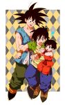  1girl 2boys :d annoyed belt black_eyes black_hair boots cellphone dougi dragon_ball dragonball_z father_and_son floating frown full_body green_shirt happy looking_at_another multicolored multicolored_background multiple_boys open_mouth pan_(dragon_ball) phone shirt short_hair sleeveless smile son_gokuu son_goten spiky_hair sweatdrop uncle_and_niece white_background wristband 