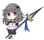  1girl :o azur_lane bailingxiao_jiu bangs black_legwear blue_ribbon blush_stickers chibi eyebrows_visible_through_hair gauntlets grey_hair hair_ornament head_tilt heart heart-shaped_pupils holding holding_spear holding_weapon long_hair looking_at_viewer pantyhose parted_lips pleated_skirt polearm red_eyes ribbon saint-louis_(azur_lane) simple_background skirt solo spear standing standing_on_one_leg symbol-shaped_pupils underbust weapon white_background white_skirt 
