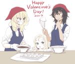  2019 :d andou_(girls_und_panzer) apron arm_rest baking_sheet bandanna bangs bc_freedom_school_uniform black_hair blonde_hair blue_apron blue_eyes blue_neckwear blush_stickers bowl brown_eyes chocolate cooking dark_skin diagonal_stripes dress_shirt drill_hair eating english frown girls_und_panzer gloves green_eyes happy_valentine highres inumoto kitchen long_hair looking_at_another marie_(girls_und_panzer) medium_hair messy_hair necktie open_mouth oshida_(girls_und_panzer) red_neckwear school_uniform shirt shouting simple_background sleeves_rolled_up smile standing striped striped_neckwear v-shaped_eyebrows valentine whipped_cream whisk white_background white_gloves white_shirt wing_collar 