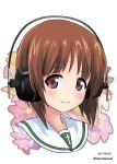  1girl bangs brown_eyes brown_hair closed_mouth commentary_request cropped_neck dated excel_(shena) eyebrows_visible_through_hair floral_background flower_request girls_und_panzer headphones highres long_hair looking_at_viewer nishizumi_miho ooarai_school_uniform portrait school_uniform serafuku short_hair smile solo twitter_username white_background 