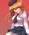  1girl anzio_school_uniform bangs belt beret black_belt black_hat black_skirt blonde_hair carpaccio closed_mouth dress_shirt emblem eyebrows_visible_through_hair girls_und_panzer green_eyes hat long_hair long_sleeves looking_at_viewer miniskirt mityubi pantyhose pleated_skirt red_background school_uniform shirt simple_background sitting skirt smile solo white_legwear white_shirt 