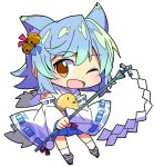  1girl :d ahoge animal_ears azur_lane bell bird blue_hair brown_eyes chibi chick commentary_request fox_ears fubuki_(azur_lane) full_body gohei hair_bell hair_ornament highres japanese_clothes jingle_bell looking_at_viewer one_eye_closed open_mouth ribbon-trimmed_sleeves ribbon_trim roku_no_hito simple_background smile standing white_background wide_sleeves 