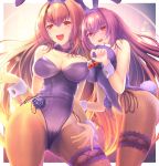  2girls :d animal_ears bare_shoulders blush bow bowtie breasts bunny_tail bunnysuit caster_(lostbelt) cherry cleavage commentary_request detached_collar fake_animal_ears fate/grand_order fate_(series) fishnet_pantyhose fishnets food fruit hairband highleg highleg_leotard highres large_breasts leg_garter leotard long_hair looking_at_viewer multiple_girls open_mouth pakupaku_choppu pantyhose purple_hair purple_leotard rabbit_ears red_eyes scathach_(fate/grand_order) smile strapless strapless_leotard tail wrist_cuffs 