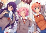  3girls :d absurdres arm_behind_head badge bag blue_eyes book bow candy commentary crumpled_paper doki_doki_literature_club english_commentary food from_above hair_between_eyes hair_bow hair_ornament hairclip highres holding holding_book knife letter long_hair love_letter lying multiple_girls natsuki_(doki_doki_literature_club) on_back on_floor open_mouth paper parted_lips pen pencil petals pink_hair poem purple_hair red_bow red_eyes rope sayori_(doki_doki_literature_club) school_uniform short_hair smile tiri two_side_up very_long_hair violet_eyes wooden_floor yuri_(doki_doki_literature_club) 