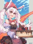  1girl :d absurdres animal_ears apron azur_lane bandanna bare_shoulders black_dress blush bow bowtie breasts cake chinese_commentary cleavage commentary_request dress eyebrows_visible_through_hair fake_animal_ears food gloves highres laffey_(azur_lane) nishimachi_snow off_shoulder open_mouth phone_screen rabbit_ears red_eyes shiny shiny_skin sky small_breasts smile solo turret twintails white_gloves white_hair 
