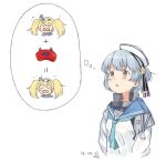  &gt;_&lt; 2girls :d blonde_hair blue_hair blush brown_eyes closed_eyes dated double_bun enemy_lifebuoy_(kantai_collection) gambier_bay_(kantai_collection) hat hat_ribbon kantai_collection kawashina_(momen_silicon) long_hair math medal multiple_girls neckerchief open_mouth parted_lips ribbon sailor_collar samuel_b._roberts_(kantai_collection) shinkaisei-kan short_hair simple_background smile star_hat_ornament thought_bubble twintails upper_body white_background 