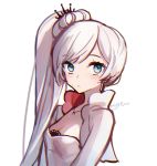  1girl blue_eyes breasts cleavage commentary_request earrings ecru eyebrows_visible_through_hair jacket jewelry korean_commentary necklace rwby scar scar_across_eye twitter_username weiss_schnee white_background white_hair 