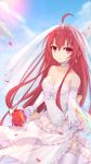  1girl alternate_costume bare_shoulders blue_sky bouquet breasts bridal_veil bride choker cleavage collarbone commentary_request date_a_live day dress elbow_gloves floral_print flower gloves hair_between_eyes highres itsuka_kotori jewelry long_hair looking_at_viewer mo_(pixiv9929995) outdoors petals red_eyes redhead ring sky small_breasts smile solo strapless strapless_dress thigh-highs veil very_long_hair wedding_dress white_dress white_gloves white_legwear 