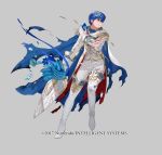  1boy 2017 blue_eyes blue_hair cape fire_emblem fire_emblem:_mystery_of_the_emblem fire_emblem_heroes flower formal gloves groom male_focus marth mayo_(becky2006) official_art short_hair simple_background solo suit tiara torn_clothes weapon 