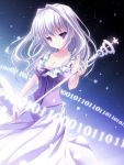  1girl bangs bare_arms breasts cleavage dress eyebrows_visible_through_hair frilled_dress frills gradient gradient_background holding holding_staff ichinose_yumiko_cristina large_breasts long_hair mage number purple_dress sidelocks silver_hair solo staff violet_eyes yoku_wakaru_gendai_mahou yuzuno_ha 