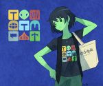  1girl artist_name bag black_hair blue_background casual contemporary expressionless flat_chest green_eyes hand_behind_head hand_on_hip handbag jewelry mona_(shovel_knight) necklace sachy_(sachichy) shirt short_hair shovel_knight signature simple_background solo t-shirt vest 
