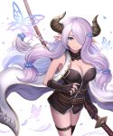  1girl absurdres asymmetrical_gloves belt black_gloves black_legwear blue_eyes braid breasts bug butterfly butterfly_hair_ornament cleavage draph elbow_gloves fingerless_gloves gloves granblue_fantasy hair_ornament hair_over_one_eye highres holding holding_weapon horns insect katana large_breasts lavender_hair long_hair looking_at_viewer low_tied_hair narmaya_(granblue_fantasy) pointy_ears sheath sheathed simple_background single_braid single_elbow_glove single_fingerless_glove single_thighhigh sleeveless smile solo sword thigh-highs thigh_strap weapon white_background yuki7128 