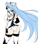  1girl absurdres ass blue_hair breasts closed_mouth commentary_request contrapposto elbow_gloves fingerless_gloves floating_hair gloves harukon_(halcon) headgear highres kos-mos kos-mos_ver._4 large_breasts legs_apart long_hair looking_at_viewer looking_back red_eyes robot_ears sketch solo standing thigh-highs very_long_hair white_legwear xenosaga 