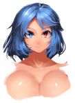  1girl absurdres anchors bangs blue_eyes blue_hair blue_pupils blush breasts closed_mouth collarbone eyebrows facing_viewer heterochromia highres large_breasts looking_at_viewer no_lineart red_eyes red_pupils shiny shiny_skin short_hair simple_background smile solo tatara_kogasa touhou upper_body white_background 