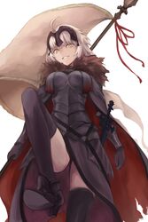  1girl ahoge armor armored_dress banner bk201 black_dress black_gloves black_legwear breasts cape dress eyebrows_visible_through_hair fate/grand_order fate_(series) from_below gloves grin high_heels highres holding holding_weapon jeanne_d&#039;arc_(alter)_(fate) jeanne_d&#039;arc_(fate)_(all) looking_at_viewer medium_breasts sheath sheathed short_hair silver_hair simple_background smile solo sword thigh-highs weapon white_background yellow_eyes 