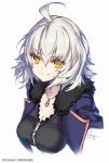 1girl ahoge bangs black_shirt blue_coat breasts cleavage closed_mouth coat commentary_request fate/grand_order fate_(series) fur_trim grey_hair hong_(white_spider) jeanne_d&#039;arc_(alter)_(fate) jeanne_d&#039;arc_(fate)_(all) jewelry large_breasts looking_at_viewer necklace shirt short_hair signature simple_background smile solo upper_body white_background 
