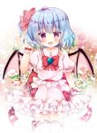  1girl :d ahoge arm_up bangs bat_wings blue_hair blush bow collared_shirt commentary_request eyebrows_visible_through_hair fang flower frilled_legwear frilled_shirt_collar frilled_skirt frills hair_between_eyes hair_bow hand_in_hair looking_at_viewer one_side_up open_mouth pink_legwear pink_shirt pink_skirt pink_wings puffy_short_sleeves puffy_sleeves red_bow red_eyes red_ribbon remilia_scarlet ribbon rikatan shirt short_sleeves skirt smile solo thigh-highs touhou white_flower wings wrist_cuffs 