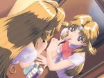  1girl 90s applying_makeup battle_athletes blonde_hair blue_eyes dutch_angle hair_flaps headband holding jessie_gurtland kawarajima_kou leaning_forward lipstick long_hair looking_at_mirror makeup mirror official_art pink_lipstick reflection solo 