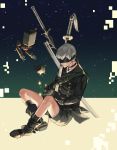  1boy absurdres android black_choker black_footwear black_gloves black_jacket black_shorts blindfold choker covered_eyes cube double-breasted ebiss06081 gloves highres holding holding_sword holding_weapon jacket nier_(series) nier_automata open_mouth pod_(nier_automata) shorts sitting sword weapon white_hair yorha_no._9_type_s 