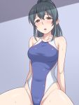  1girl blue_swimsuit character_request competition_swimsuit cowboy_shot green_hair grey_background highleg highleg_swimsuit idolmaster idolmaster_cinderella_girls long_hair looking_at_viewer one-piece_swimsuit ooishi_izumi pataniito ponytail red_eyes solo swimsuit 