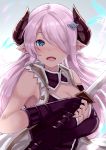  1girl armpits asymmetrical_gloves black_vest blue_eyes breasts bug butterfly cleavage cleavage_cutout coat commentary_request draph elbow_gloves fingerless_gloves gloves gradient gradient_background granblue_fantasy grey_background hair_ornament hair_over_one_eye hairclip horns insect large_breasts lavender_hair long_hair looking_at_viewer narmaya_(granblue_fantasy) opanchu_(hakusen) open_clothes open_coat open_mouth pointy_ears sleeveless_coat solo sword upper_body vest weapon 