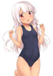  1girl :o absurdres bangs bare_arms bare_shoulders barefoot blue_background blue_swimsuit blunt_bangs blush breasts collarbone covered_navel cowboy_shot eyebrows_visible_through_hair hair_ribbon hands_up highres karutamo kicchin_(karutamo) long_hair looking_at_viewer old_school_swimsuit one-piece_swimsuit one-piece_tan open_mouth original red_eyes ribbon school_swimsuit silver_hair simple_background small_breasts solo standing standing_on_one_leg swimsuit tan tanline tress_ribbon white_background 