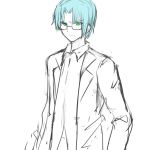  1boy blue_hair glasses green_eyes highres long_sleeves looking_at_viewer original sketch solo sookmo traditional_media 