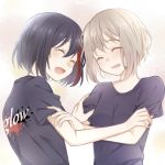  2girls ^_^ aoba_moka bang_dream! bangs black_hair black_shirt bob_cut closed_eyes grey_hair group_name hands_on_another&#039;s_arms mitake_ran multicolored_hair multiple_girls nekojarashi_(r-grey) open_mouth paint_stains redhead shirt short_hair short_sleeves smile splatter_print streaked_hair t-shirt tears upper_body 