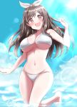  1girl bangs bikini blue_bow blue_sky blush bow breasts brown_eyes brown_hair cleavage commentary_request day eyebrows_visible_through_hair hair_bow idolmaster idolmaster_shiny_colors large_breasts lens_flare lieass long_hair looking_at_viewer navel open_mouth ponytail sky smile solo sun swimsuit tsukioka_kogane white_bikini 