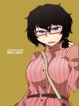  2018 between_breasts black_hair blush cowboy_shot dated from_below girls_und_panzer highres oryou_(girls_und_panzer) red-framed_eyewear semi-rimless_eyewear shiroobi_(whitebeltmaster) sleeves_past_wrists strap_cleavage sweat turtleneck under-rim_eyewear yellow_background 