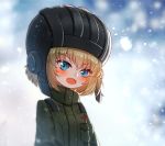  1girl :d bangs baocaizi blonde_hair blue_eyes blush commentary_request eyebrows_visible_through_hair fang girls_und_panzer green_jacket hair_between_eyes head_tilt helmet highres jacket katyusha long_hair looking_at_viewer military_jacket open_mouth outdoors pravda_military_uniform smile snowing solo v-shaped_eyebrows 
