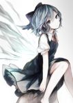  1girl barefoot blue_bow blue_dress blue_eyes blue_hair bow cirno collared_shirt dress gradient gradient_background hair_between_eyes hair_bow hasunokaeru head_tilt ice ice_wings looking_at_viewer neck_ribbon puffy_short_sleeves puffy_sleeves red_ribbon ribbon shirt short_hair short_sleeves simple_background smile solo touhou wings 