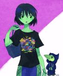  1boy 1girl artist_name bag black_hair bracelet breasts casual chibi contemporary green_eyes hair_between_eyes handbag hands_together hood hoodie jewelry mona_(shovel_knight) necklace open_mouth over_shoulder pants plague_doctor_mask plague_knight purple_background sachy_(sachichy) shirt short_hair short_sleeves shovel_knight signature small_breasts t-shirt two-tone_background upper_body white_background 