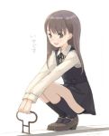  1girl :d bangs belt_buckle black_belt black_dress black_legwear black_ribbon blush brown_eyes brown_footwear brown_hair buckle collared_shirt dress eyebrows_visible_through_hair holding kneehighs kokudou_juunigou long_hair long_sleeves neck_ribbon open_mouth original pinafore_dress ribbon round_teeth school_uniform seesaw shirt shoes signature simple_background sleeveless sleeveless_dress smile solo squatting teeth translated upper_teeth white_background white_shirt 